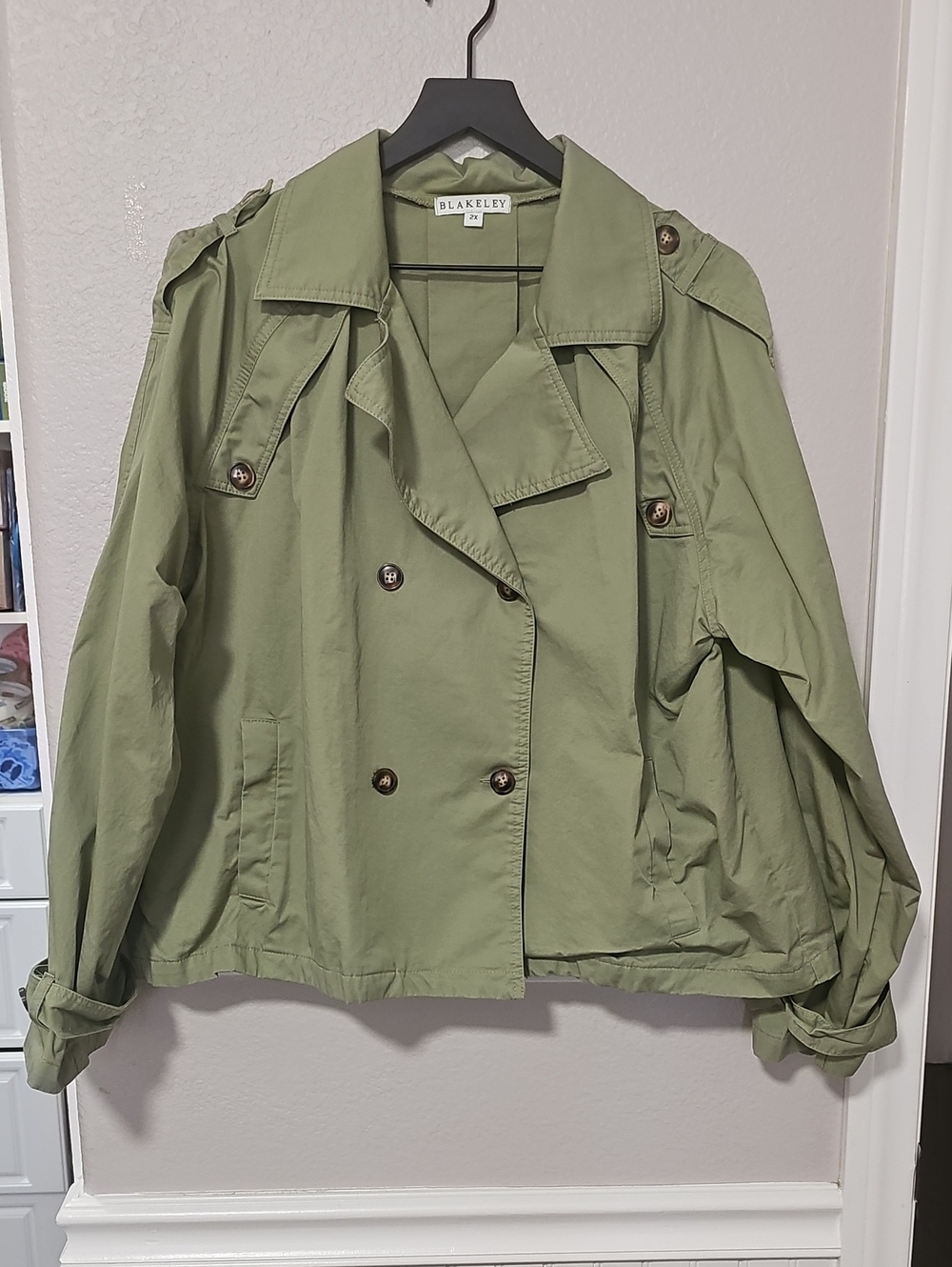 Blakeley 2X Olive Green Double-Breasted Cropped Trench Coat NWOT
